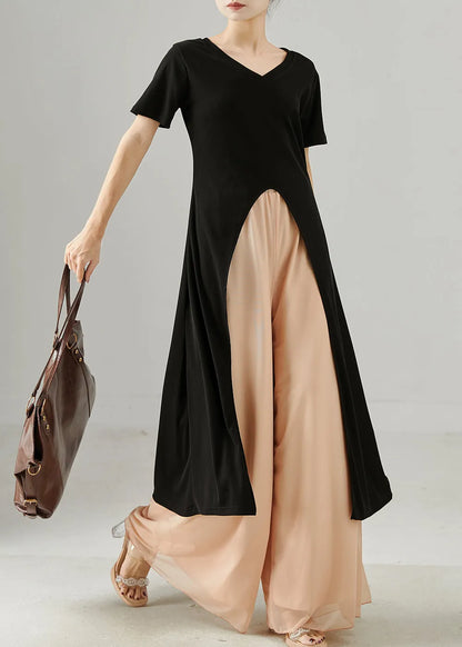 Black Side Open Long Tops and Chiffon Straight Pants Two Piece Set Summer