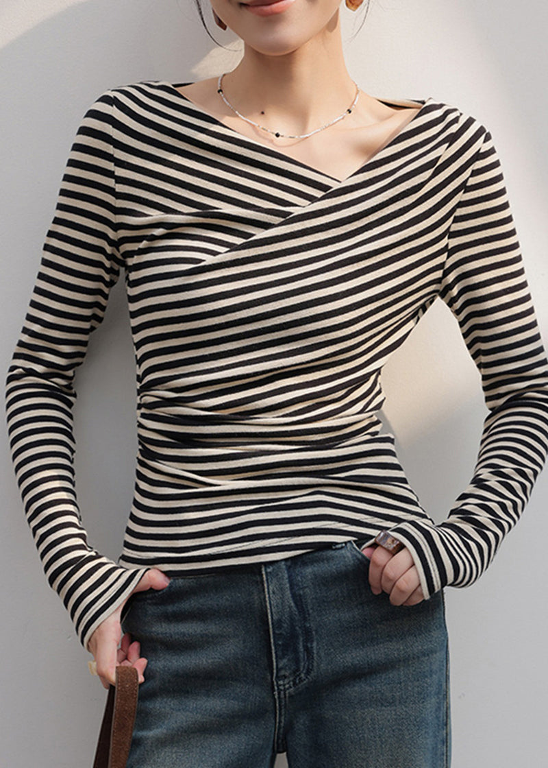 Black Cold Shoulder Striped Cotton Shirt Tops Fall