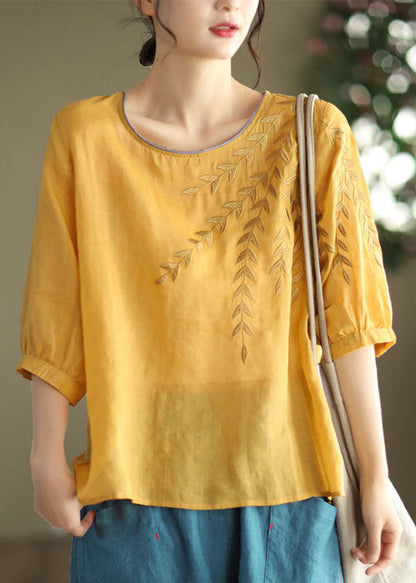 Blue Embroidered Patchwork Cotton T Shirt Half Sleever