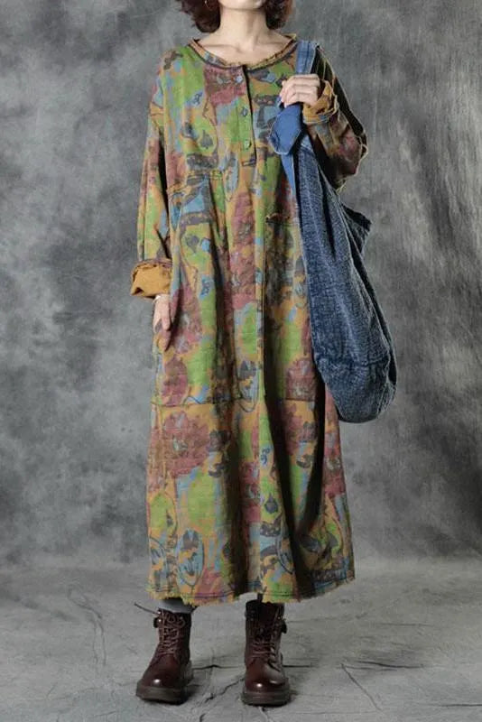 Loose Retro Print Button Big Pocket Dress