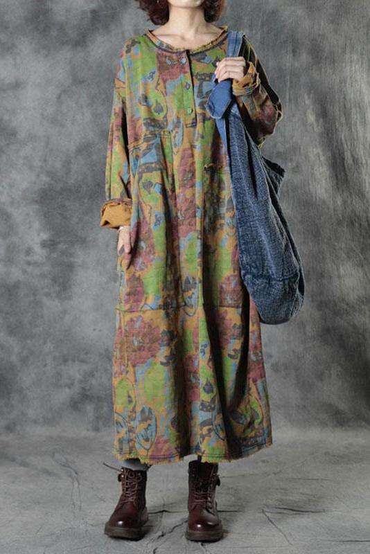 Loose Retro Print Button Big Pocket Dress