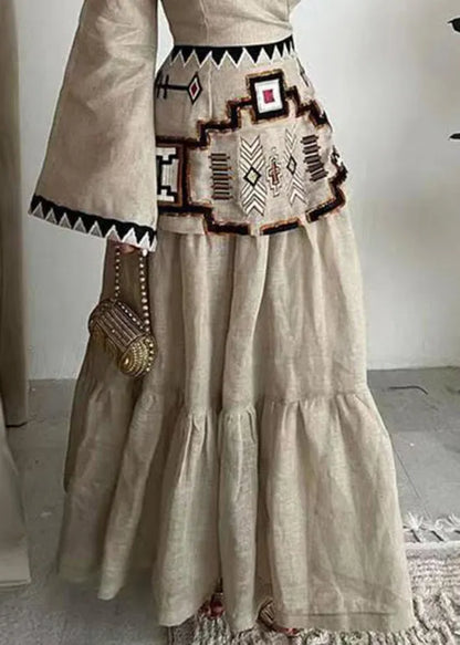 V Neck Print Patchwork Cotton Dress Flare Sleeve