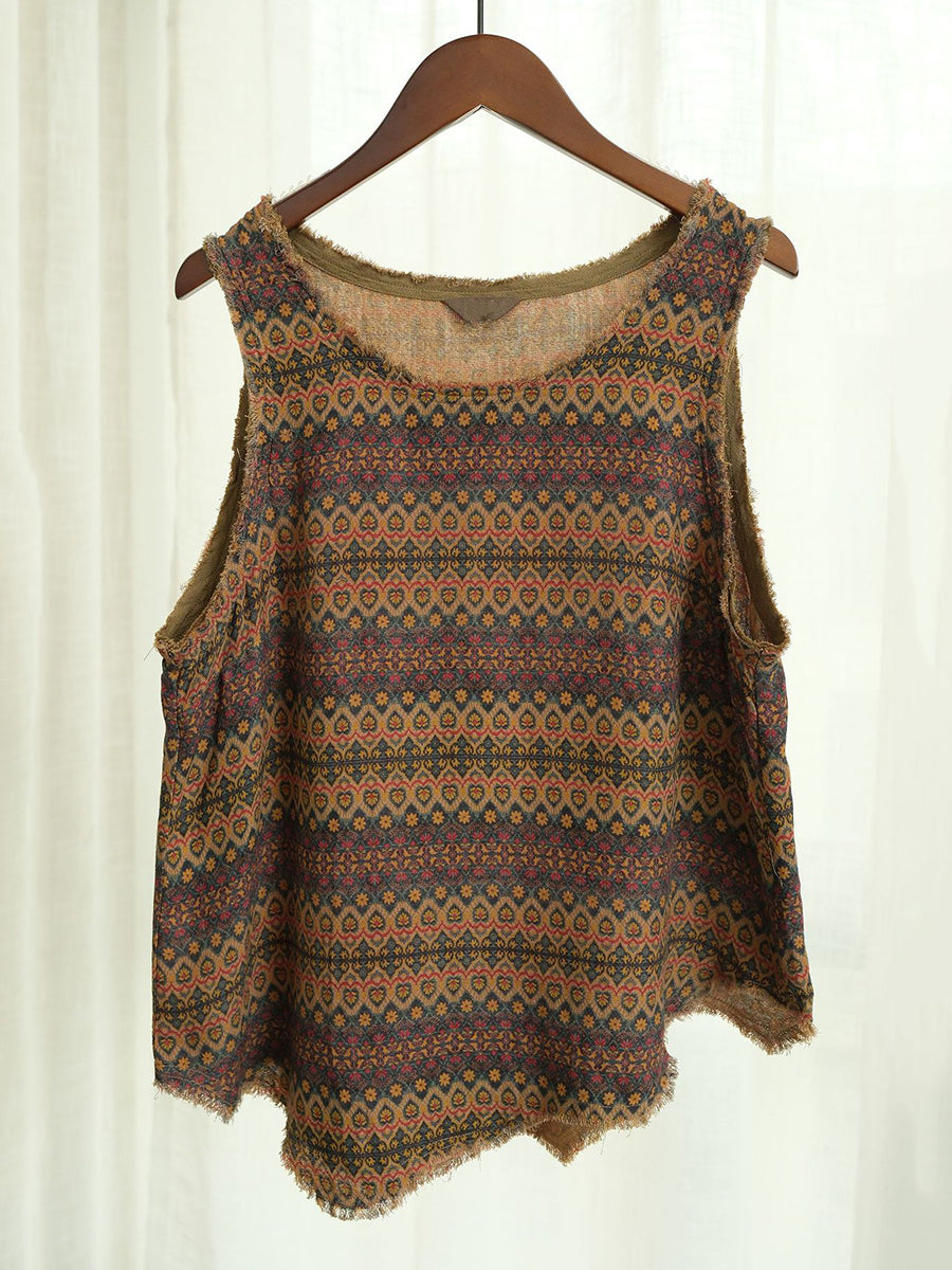 Retro Worn Irregular Hem Geometric Vest