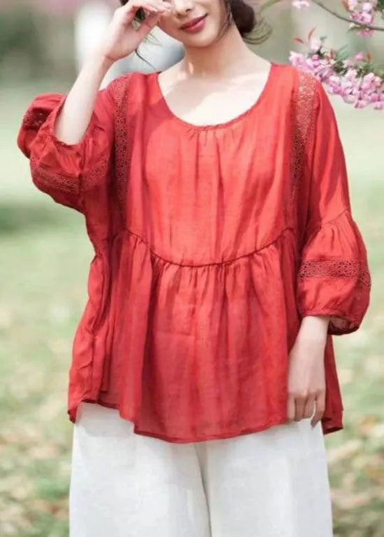 Navy Hollow Out Embroidered Patchwork Linen Tops Summer
