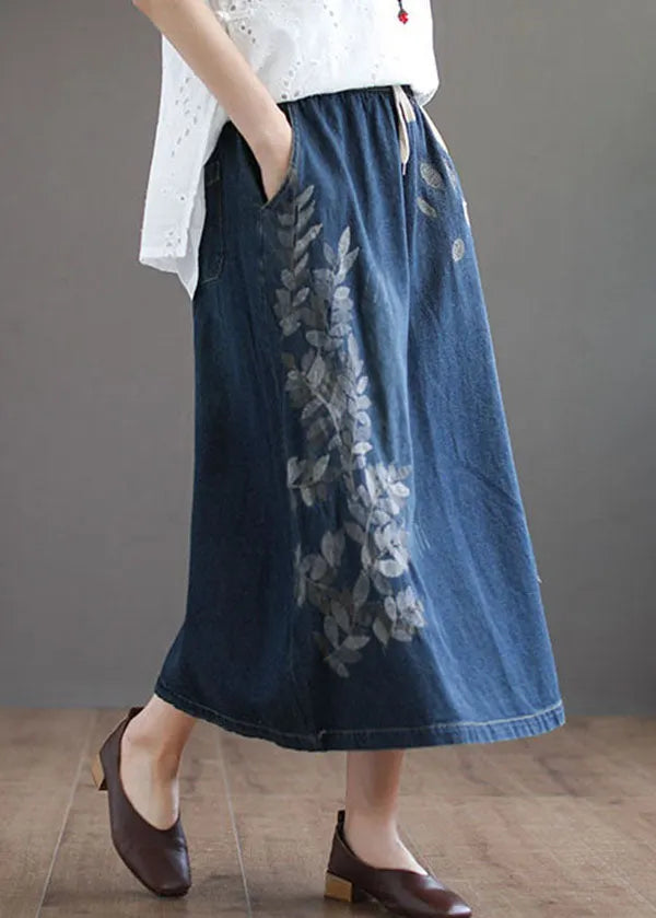 Dark Blue Pockets Cotton Denim Skirt Elastic Waist Ripped Summer