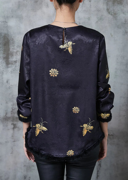 Black Jacquard Butterfly Silk Shirts Spring
