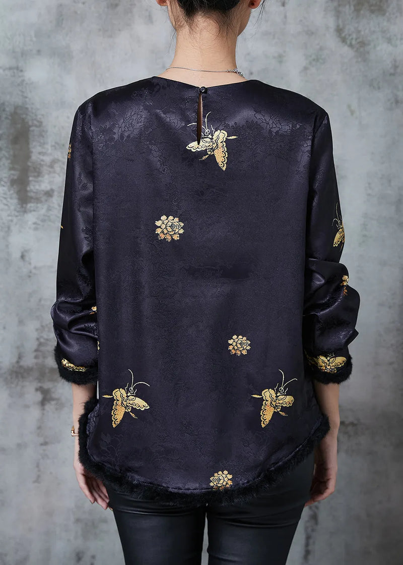 Black Jacquard Butterfly Silk Shirts Spring
