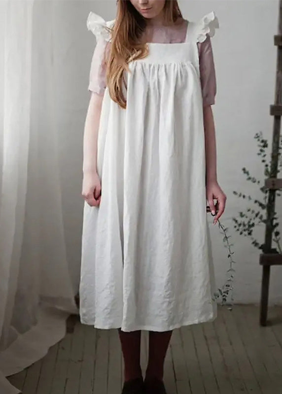 French Pink Square Collar Ruffled Cotton Spaghetti Strap Dress Summer