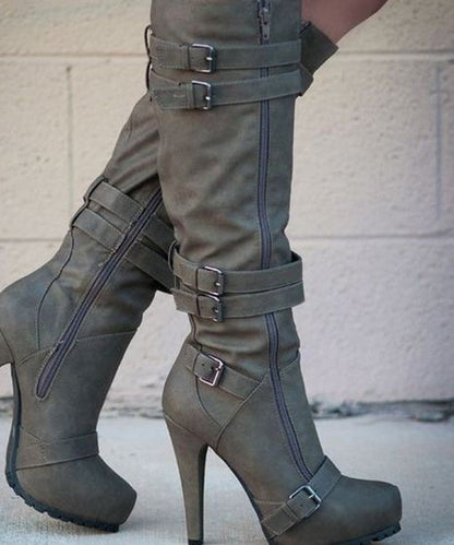 Faux Leather Apricot Zippered Buckle Strap Splicing Boots