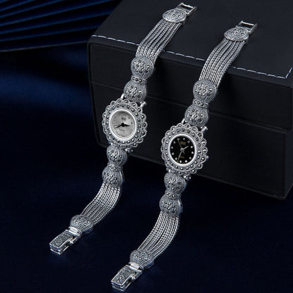 Diy Silk Sterling Silver Quartz Movement Tempered Glass Bow Wrist Watch