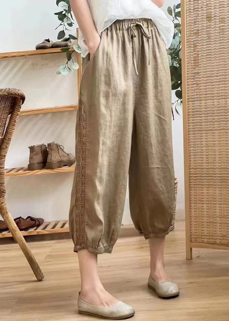 Linen Color Hollow Out Pockets Elastic Waist Harem Pants Summer