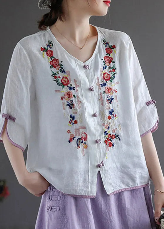 Modern White V Neck Embroidered Button Linen Shirt Half Sleeve
