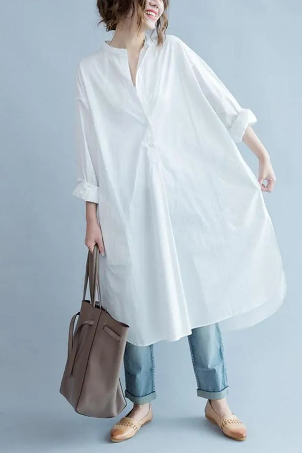 White Cotton Long Shirt Dresses