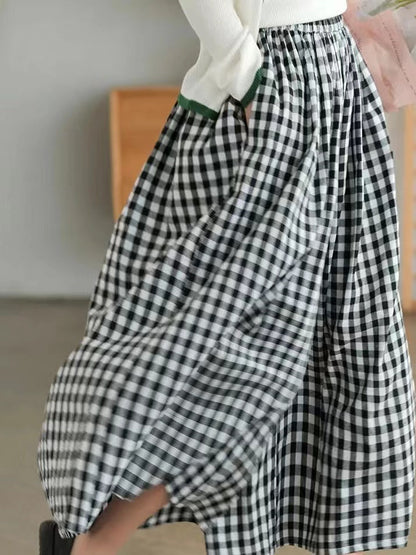 Retro Cotton Linen Plaid Wide Leg Pants
