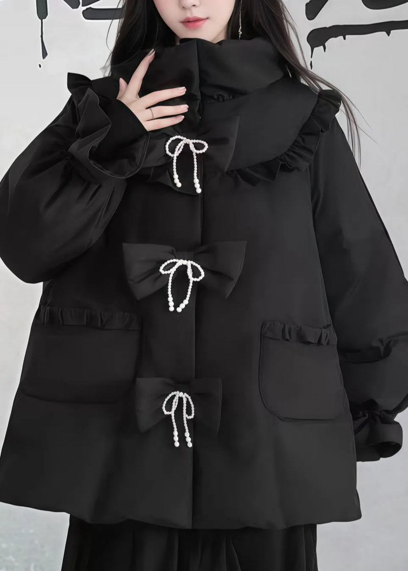 Black Ruffled Pockets Patchwork Fine Cotton Filled Puffers Jackets Winter