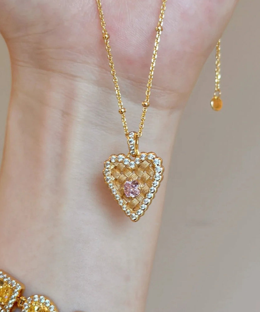 Modern Gold Sterling Silver Overgild Zircon Wire Drawing Love Ear of Wheat Pendant Necklace