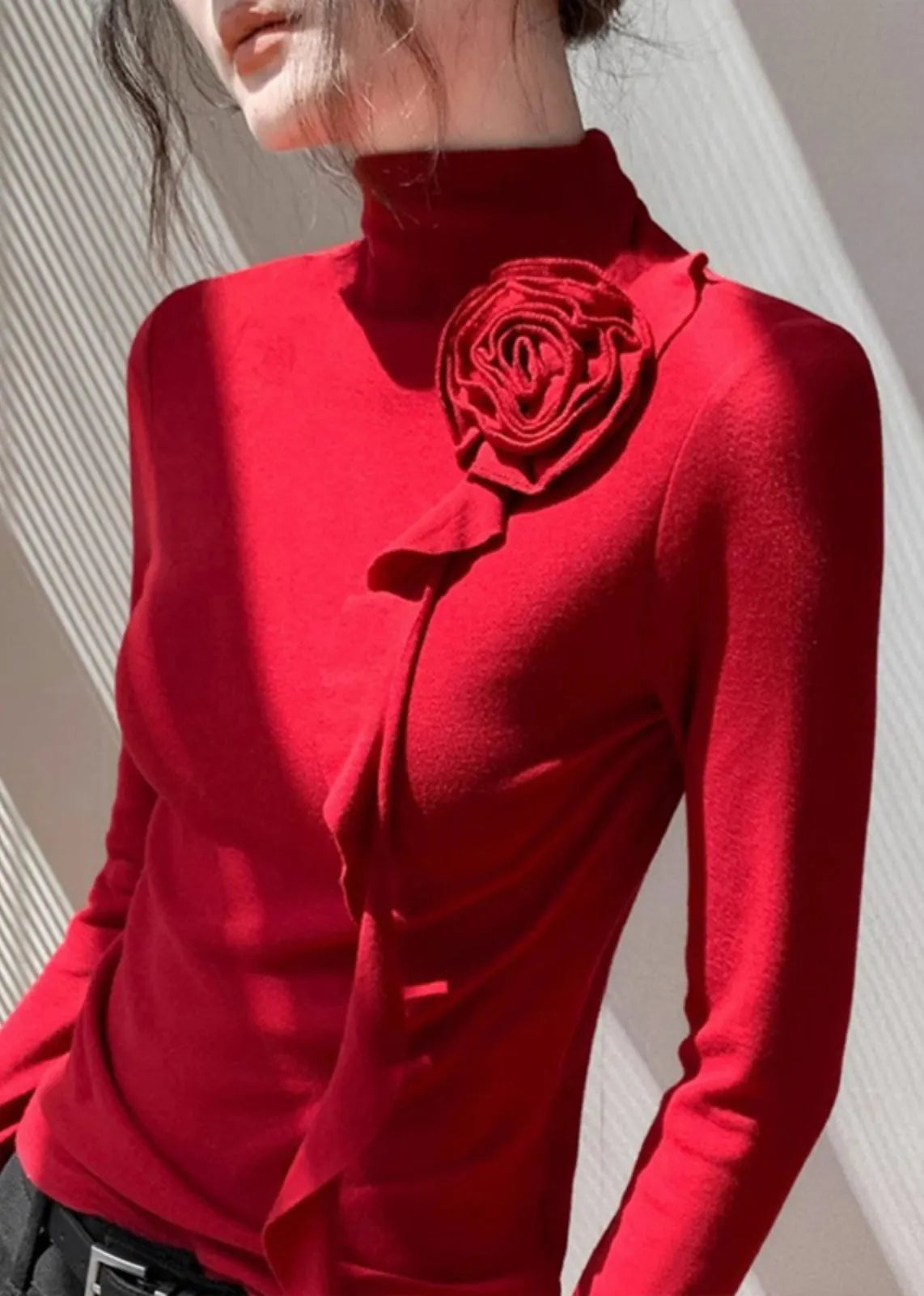 Red Stand Collar Decorated Cotton Shirt Tops Spring
