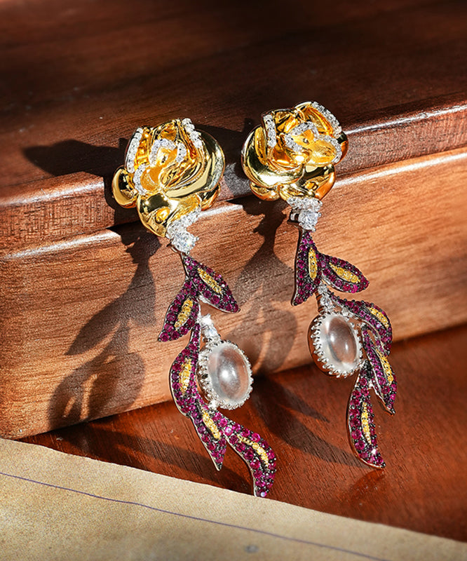Colorblock Sterling Silver Overgild Zircon Jade Drop Earrings