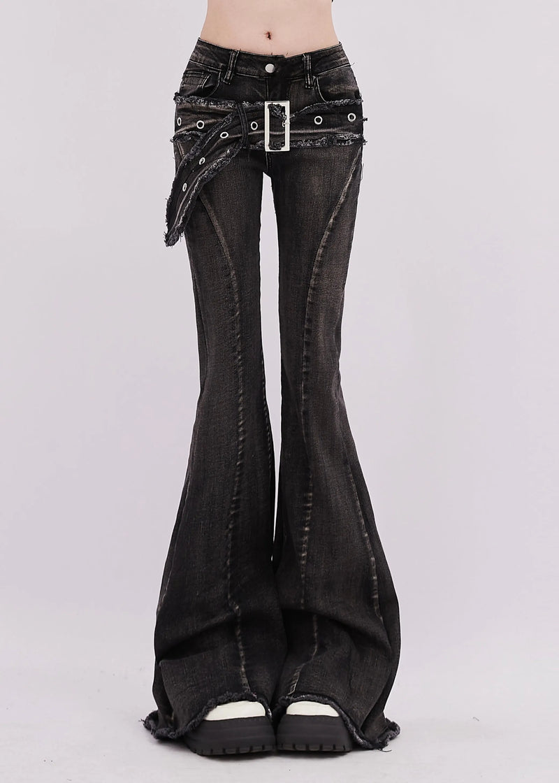 Silm Fit Black Asymmetrical Denim Bell-bottom Trousers Spring