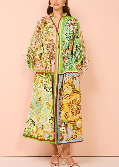 Green Lace Up Print Pockets Cotton Shirts Dress Spring