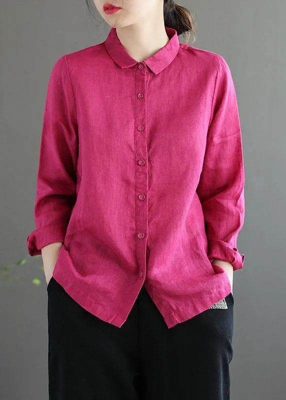 Green Peter Pan Collar Patchwork Summer Linen Blouses Long Sleeve