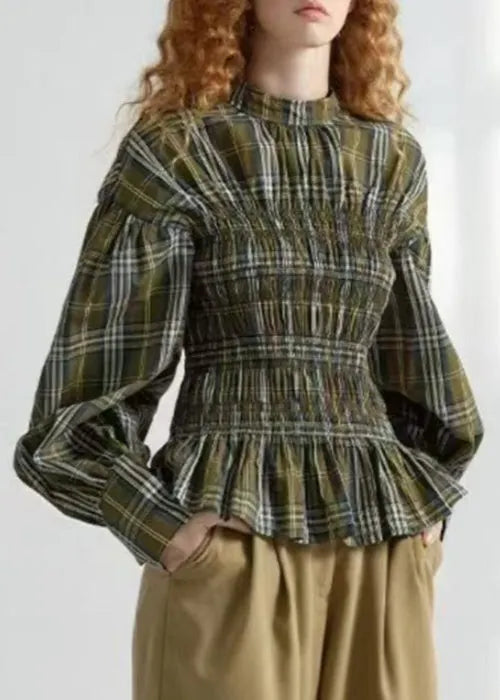 Art Green Plaid Wrinkled Cotton Shirt Spring