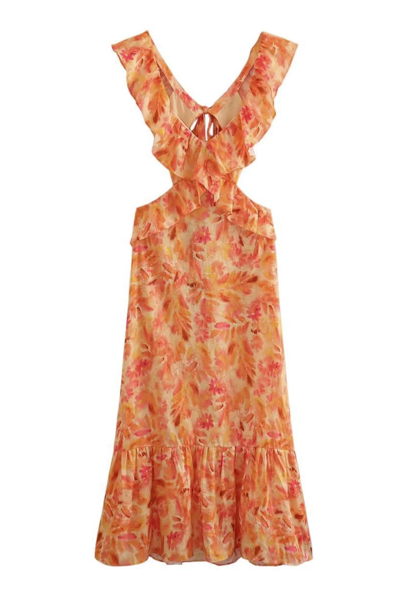 Ruffled Cutout Printed Lace Up Dress
