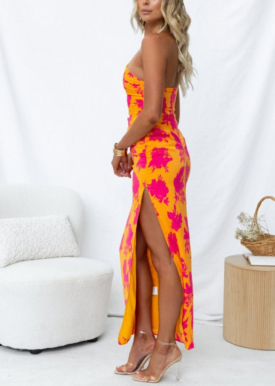 Slim Fit Orange One-shoulder Backless Print Cotton Maxi Dresses Summer