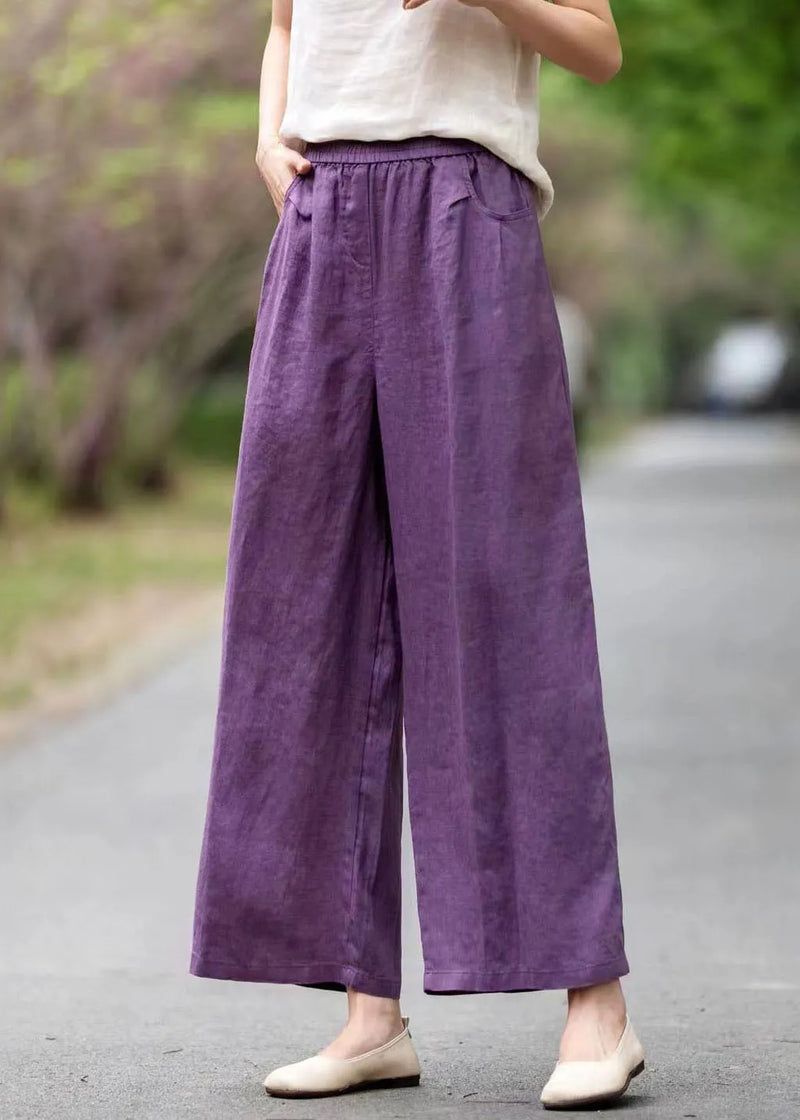 Art Purple Oversized Pockets Linen Straight Pants Summer