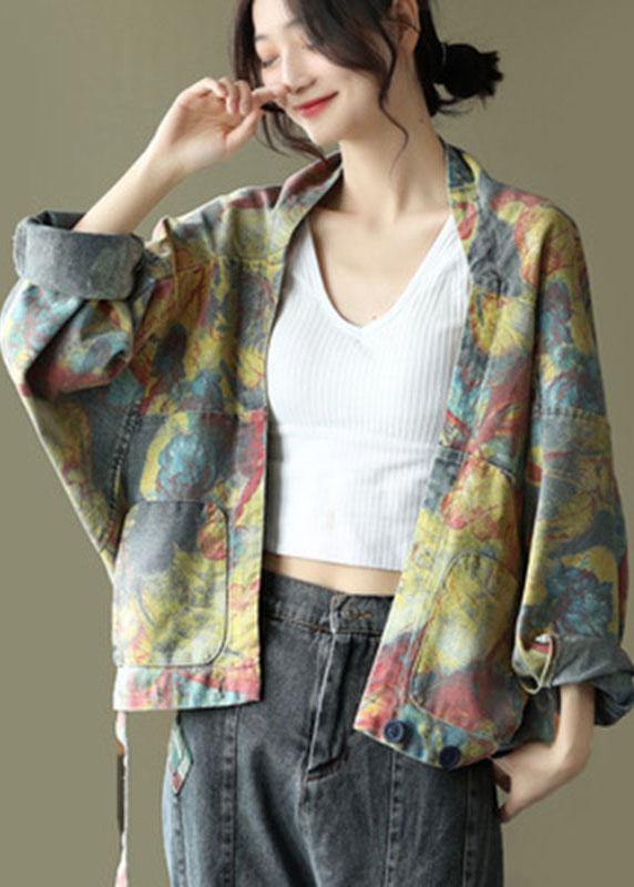 Italian Blue Print Denim Long Sleeve V Neck Top