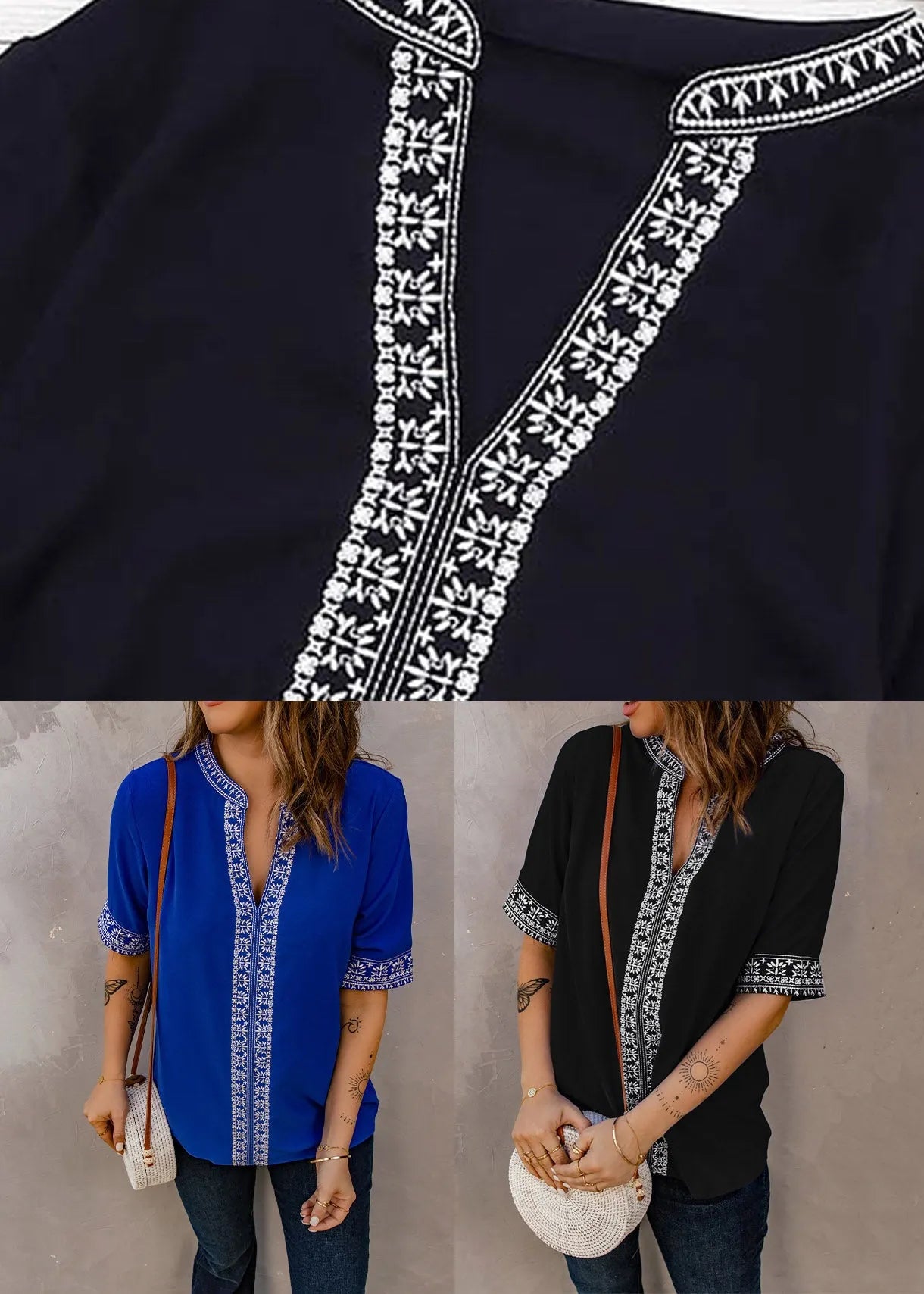 Boutique Black V Neck Patchwork Top Short Sleeve