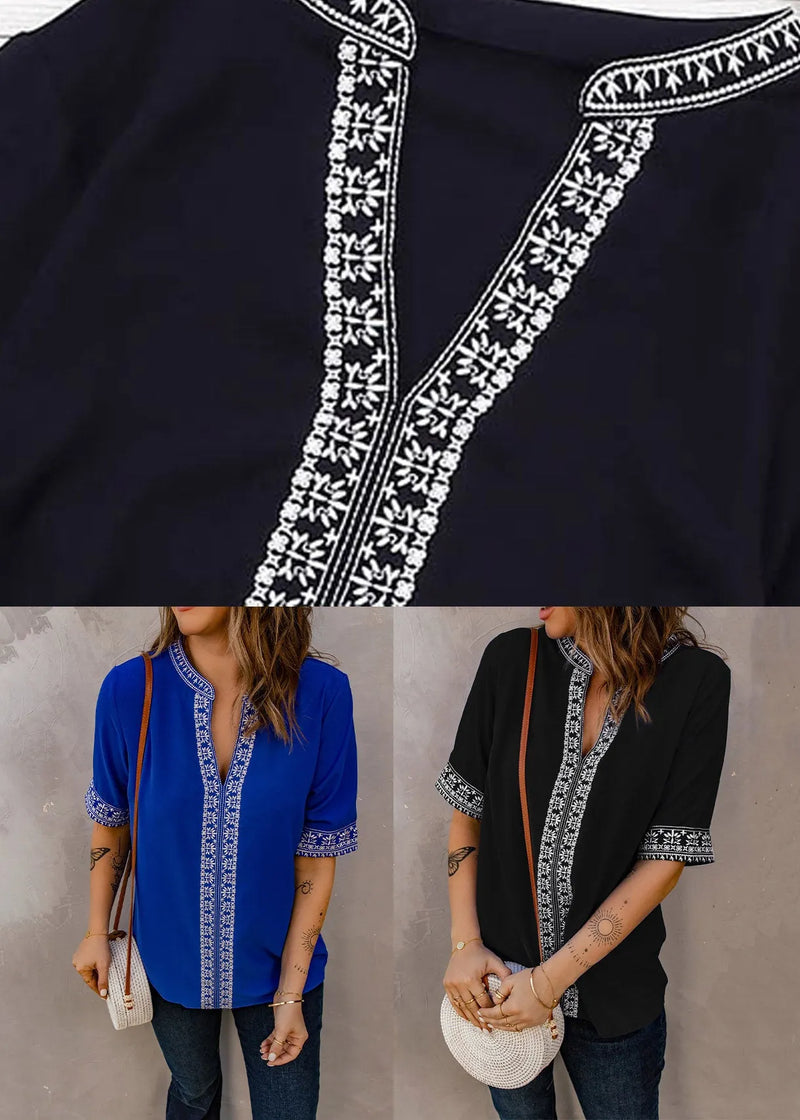 Royal Blue Embroidered Thin T Shirts Summer