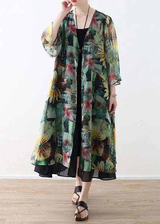Green Print Long Sleeve Chiffon Long Cardigan