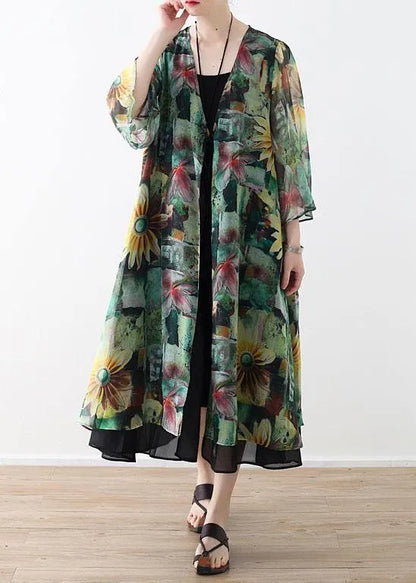 Green Print Long Sleeve Chiffon Long Cardigan
