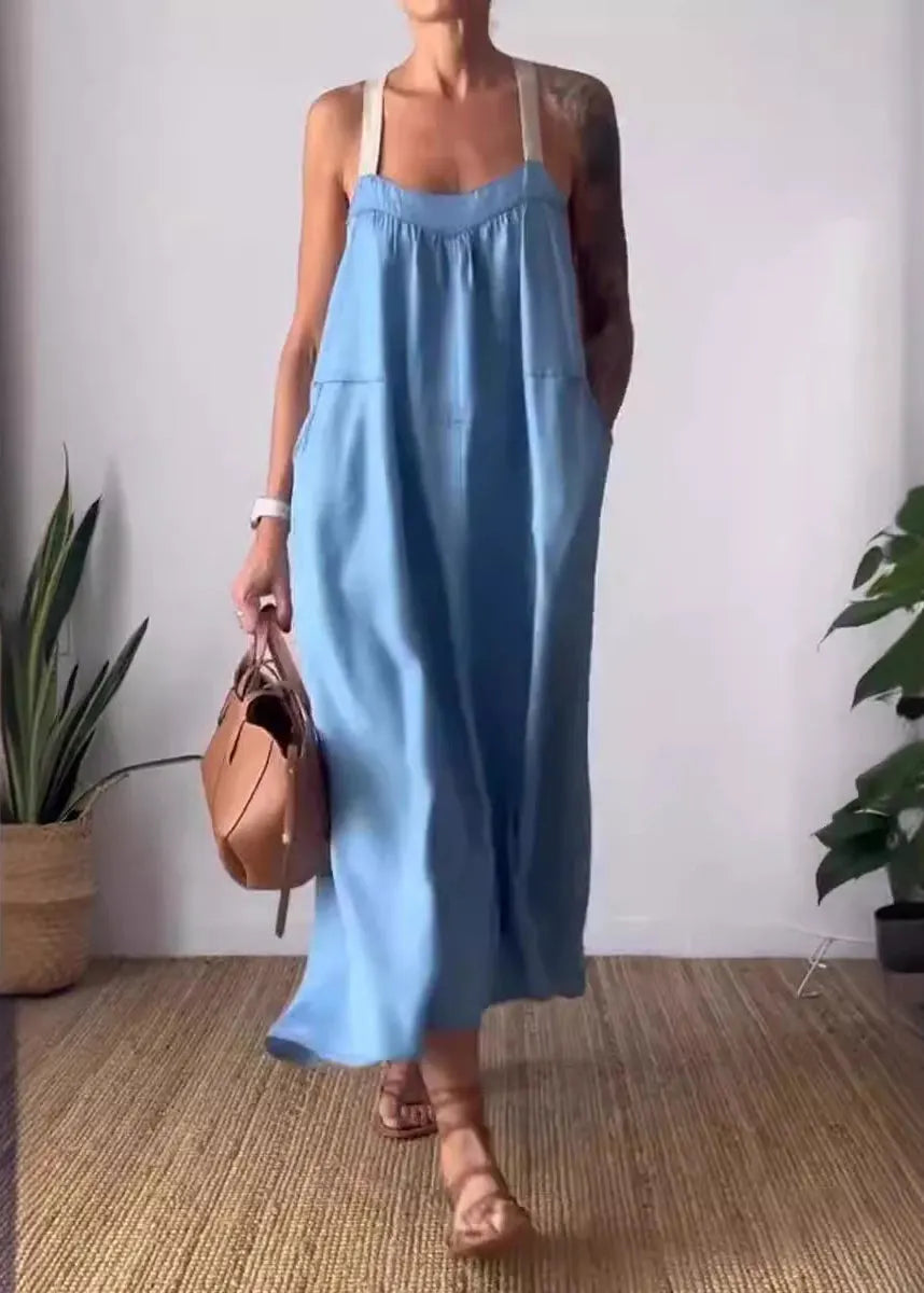 Loose Green Backless Cotton Spaghetti Strap Dress Summer