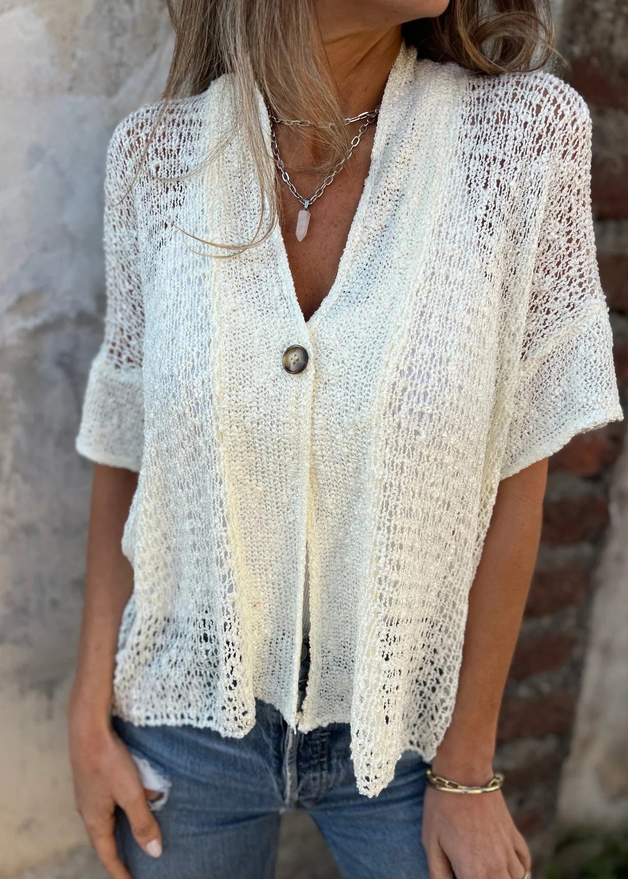 Organic White V Neck Hollow Out Knit Tops Summer