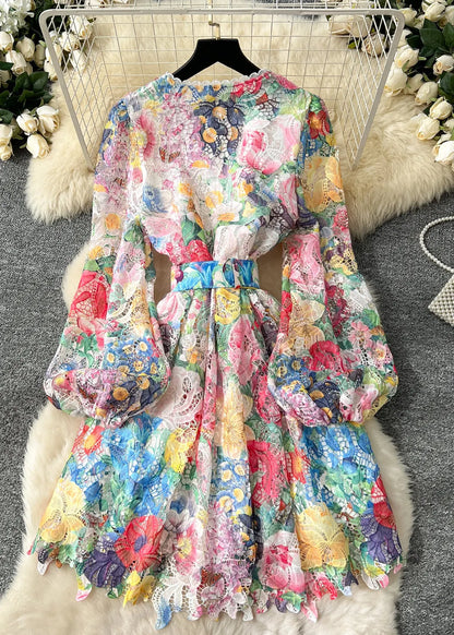 Cinched Print Lace Mid Dress Lantern Sleeve