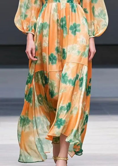 Orange Print Exra Large Hem Chiffon Long Dress Fall