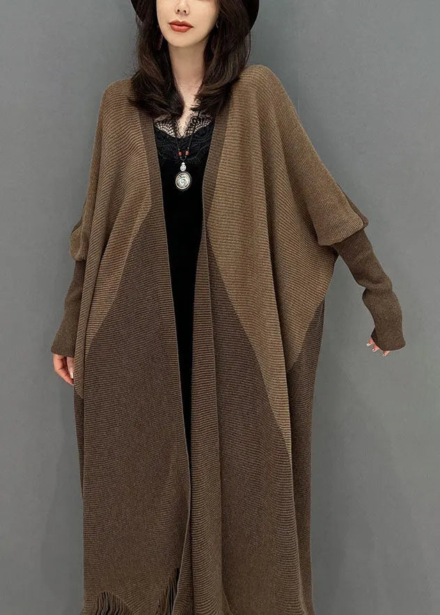 Chocolate Oversized Patchwork Tassel Knit Cardigan Batwing Sleeve