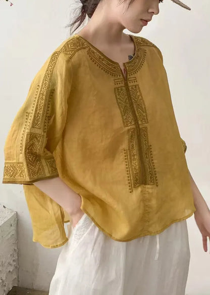 Handmade Yellow Embroidered Linen Loose Shirt Summer