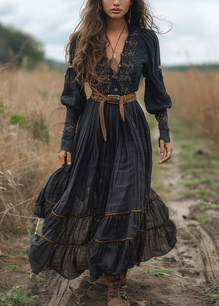 Black V Neck Print Wrinkled Cotton Long Dress Fall