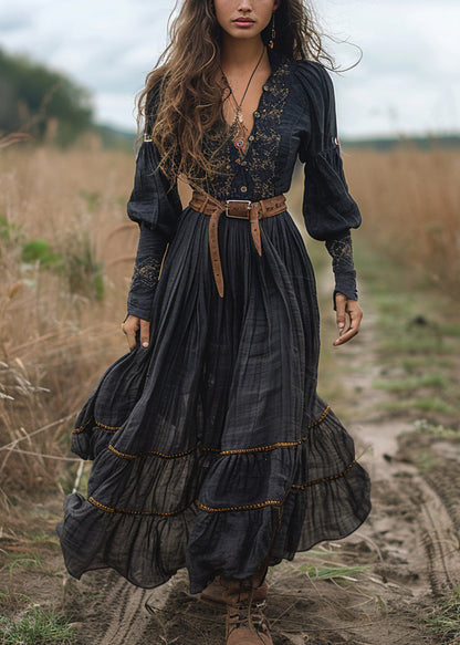 Black V Neck Print Wrinkled Cotton Long Dress Fall