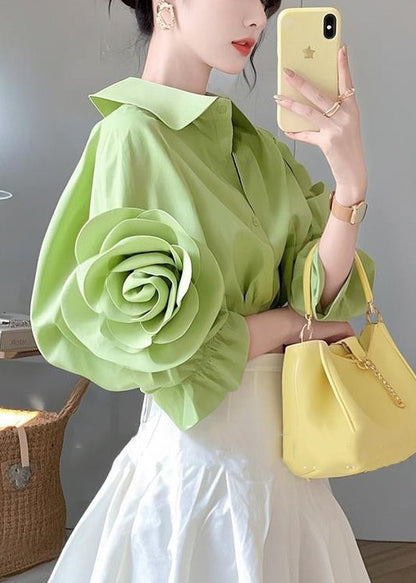 Green Peter Pan Collar Button Cotton Blouses Half Sleeve