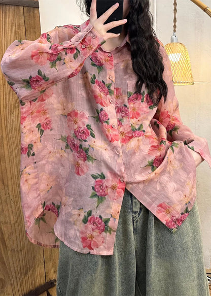 Boutique Pink Peter Pan Collar Print Linen Shirt Fall