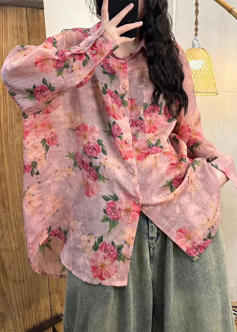 Boutique Pink Peter Pan Collar Print Linen Shirt Fall