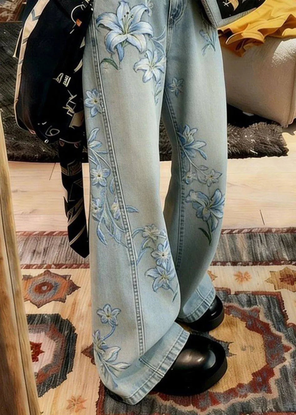 Blue Embroidered Denim Wide Leg Pants Spring