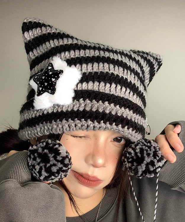 Striped Knitted Cat Ear Boonie Hat Autumn and Winter