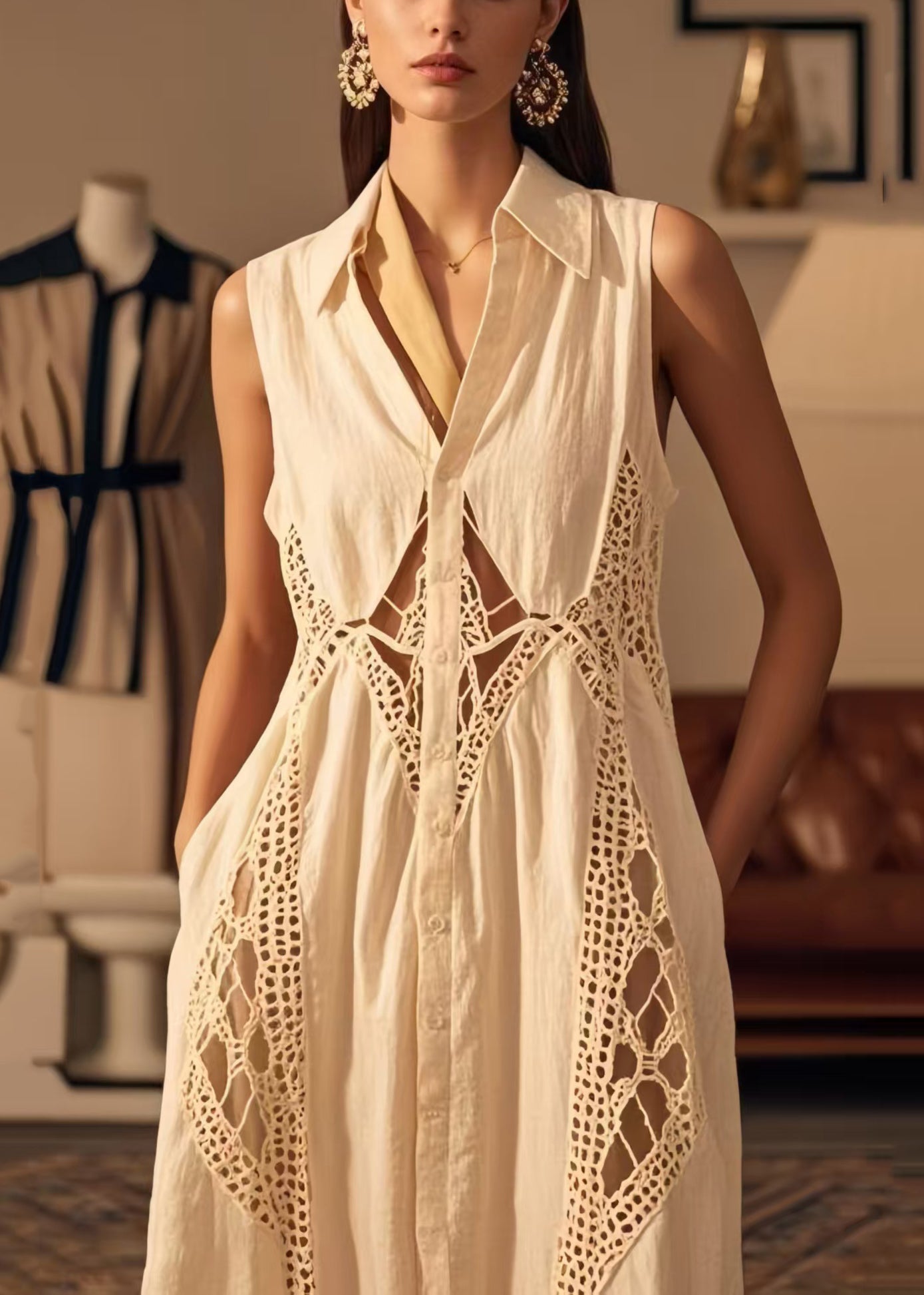 White Peter Pan Collar Patchwork Cotton Dresses Sleeveless
