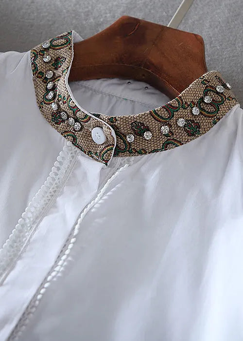 White Embroidered Patchwork Zircon a Line Blouse Top Spring