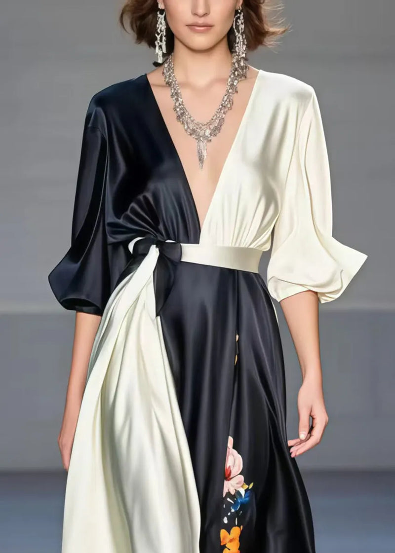 Black Asymmetrical Patchwork Print Silk Dress Spring
